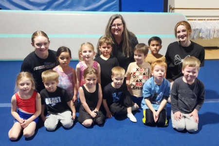 Boys and girls in tumbling class